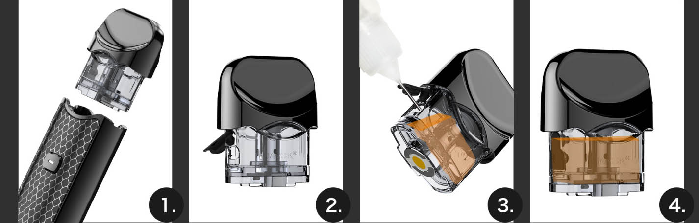 Postup plnění e-liquidu elektronická cigareta Smoktech NORD