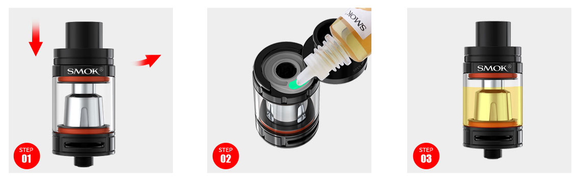 Postup plnění e-liquidu clearomizeru Smoktech tfv8 Big Baby