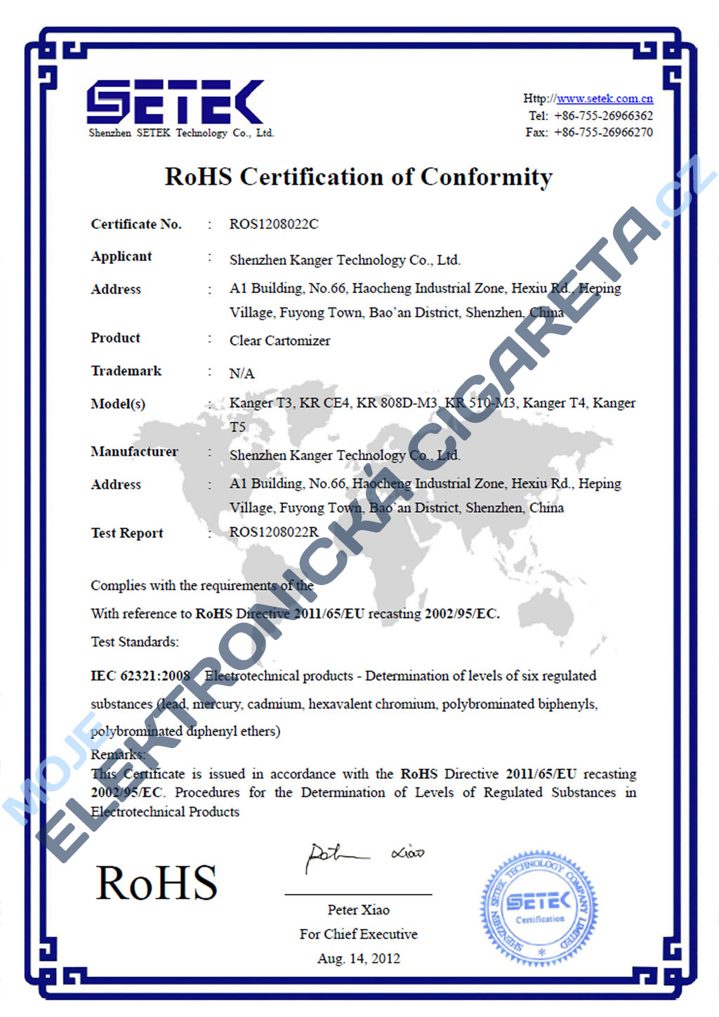 Certifikát clearomizérů Kangertech 2