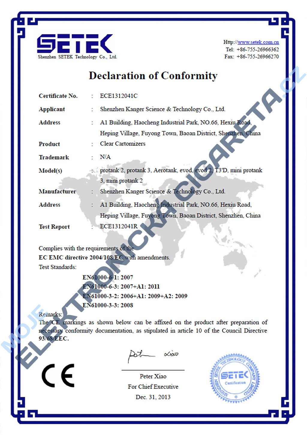 Certifikát clearomizérů Kangertech 1