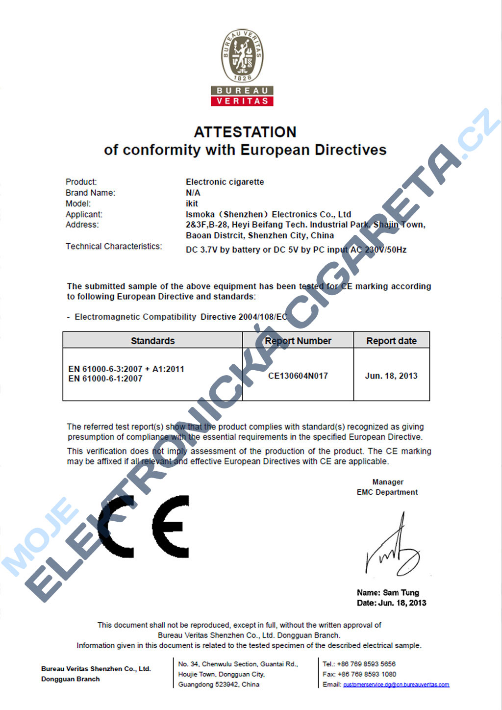 Certifikát elektronické cigareta iSmoka-Eleaf